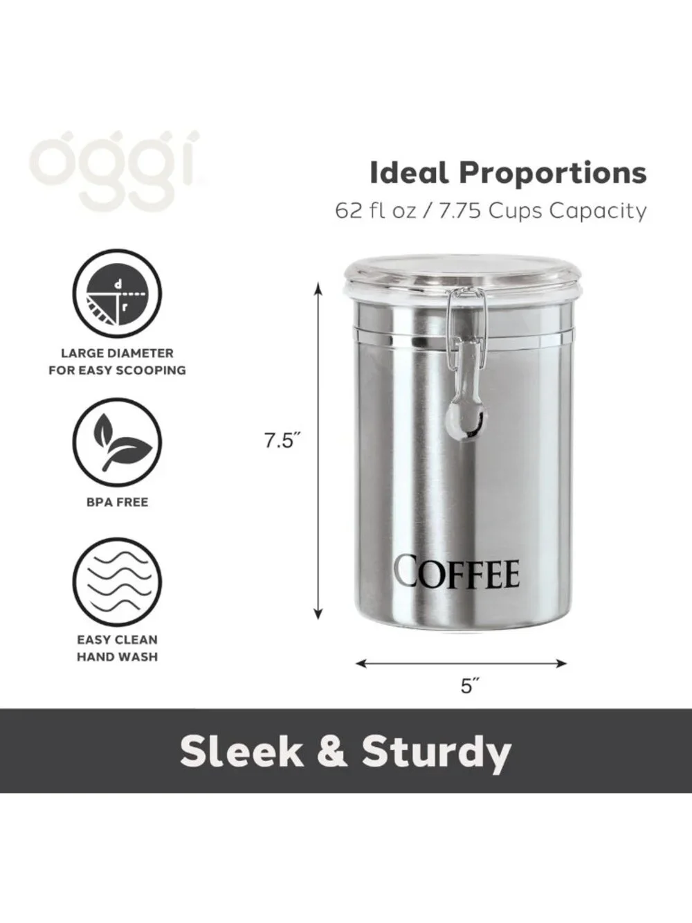 Airtight Stainless Steel Coffee Canister - 62oz, Clear Top for Beans & Grounds